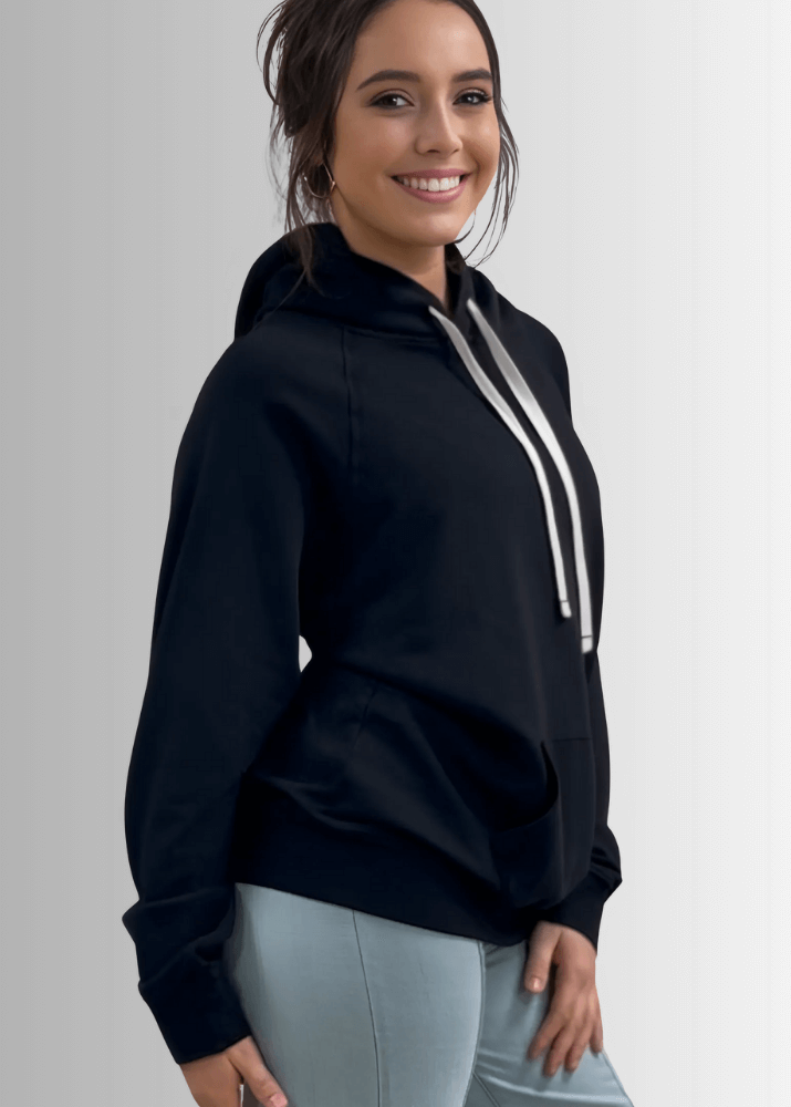 Made in USA Medium Weight Premium Cotton Hoodie Sweatshirt, Made with Premium USA Cotton, Oversized Fit, Lightweight, Crew Neck in Black | Classy Cozy Cool Women&