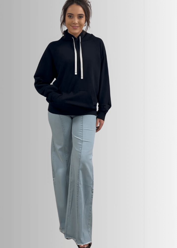 Made in USA Medium Weight Premium Cotton Hoodie Sweatshirt, Made with Premium USA Cotton, Oversized Fit, Lightweight, Crew Neck in Black | Classy Cozy Cool Women&