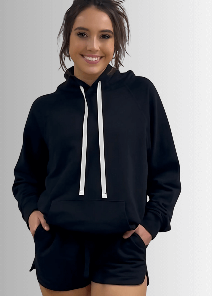Made in USA Medium Weight Premium Cotton Hoodie Sweatshirt, Made with Premium USA Cotton, Oversized Fit, Lightweight, Crew Neck in Black | Classy Cozy Cool Women&