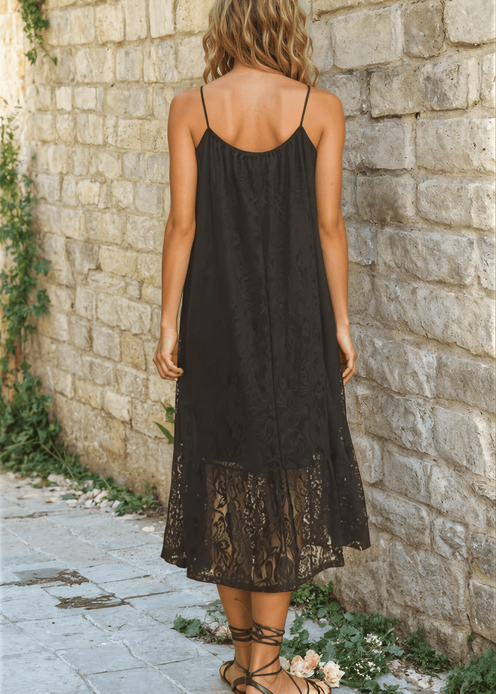 Made in USA Women's Lace Tie Front Midi Dress in Black, Lined to Knee,  Lace straps, Tiered with Flounce Ruffle Hem | Classy Cozy Cool Made in America Boutique