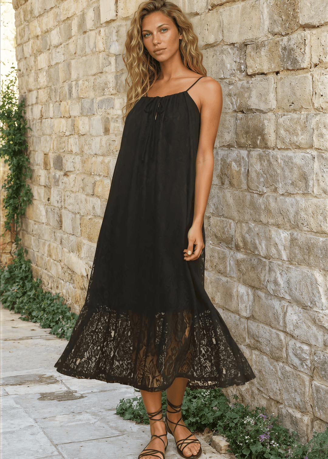 Made in USA Women's Lace Tie Front Midi Dress in Black, Lined to Knee,  Lace straps, Tiered with Flounce Ruffle Hem | Classy Cozy Cool Made in America Boutique