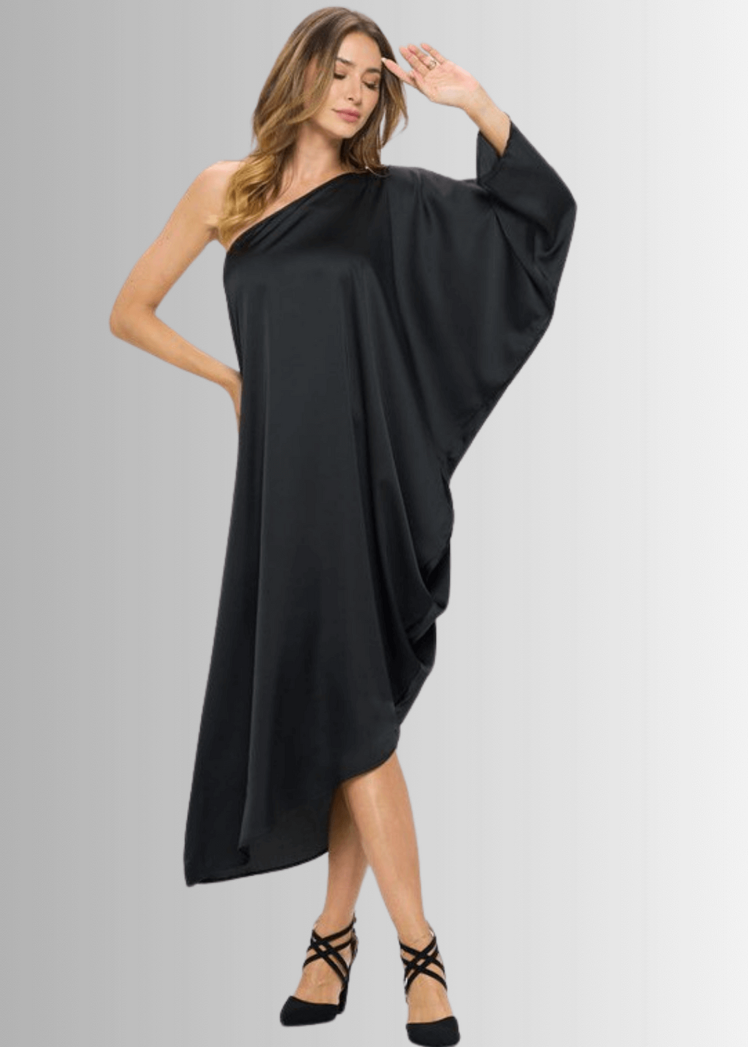 One Shoulder Black Satin Material Asymmetrical Hemline Elegant Evening Cocktail Dress | Made in USA | Renee C Style 4622DR | Classy Cozy Cool Women's Made in America Clothing Boutique