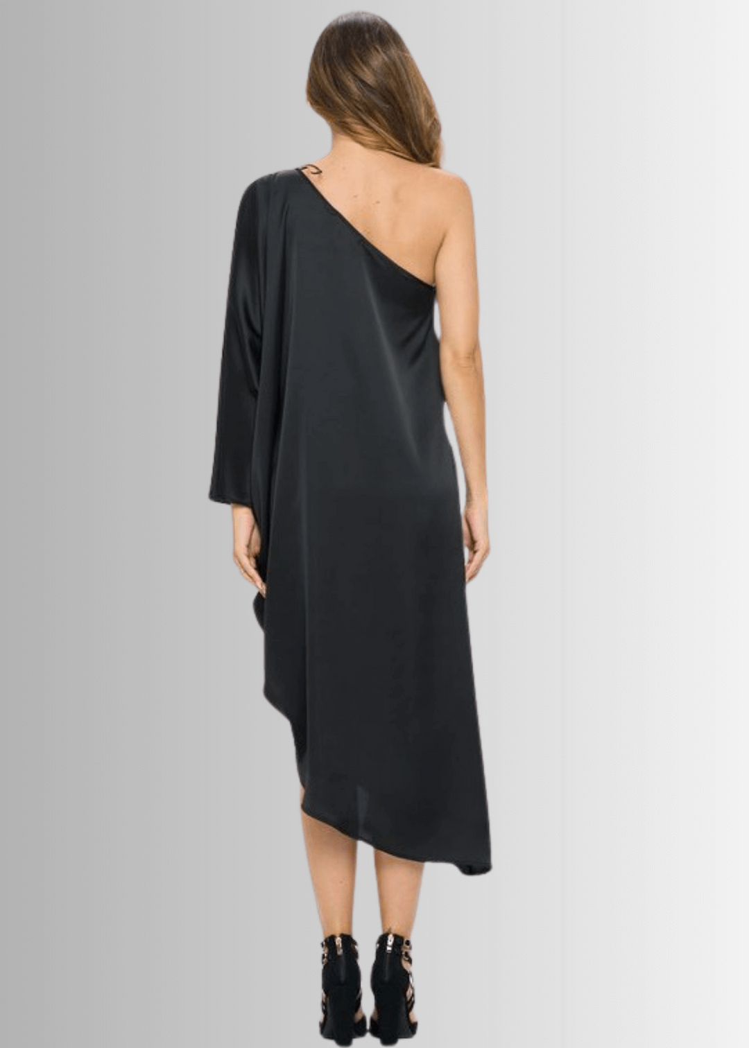 One Shoulder Black Satin Material Asymmetrical Hemline Elegant Evening Cocktail Dress | Made in USA | Renee C Style 4622DR | Classy Cozy Cool Women&