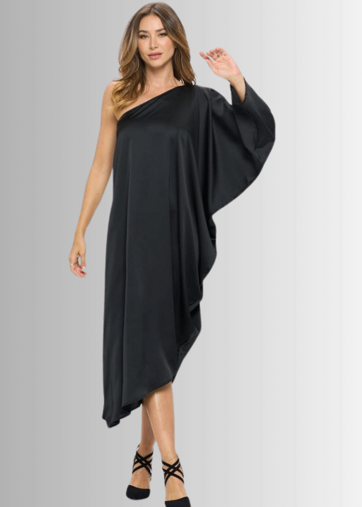 One Shoulder Black Satin Material Asymmetrical Hemline Elegant Evening Cocktail Dress | Made in USA | Renee C Style 4622DR | Classy Cozy Cool Women&