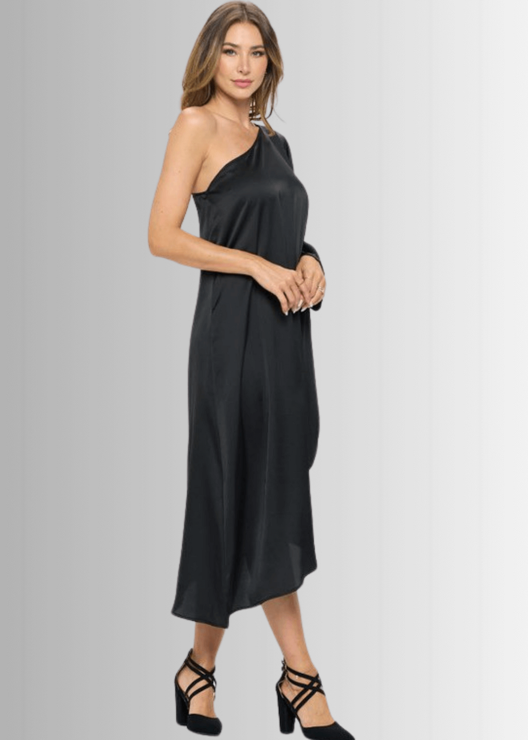 One Shoulder Black Satin Material Asymmetrical Hemline Elegant Evening Cocktail Dress | Made in USA | Renee C Style 4622DR | Classy Cozy Cool Women&