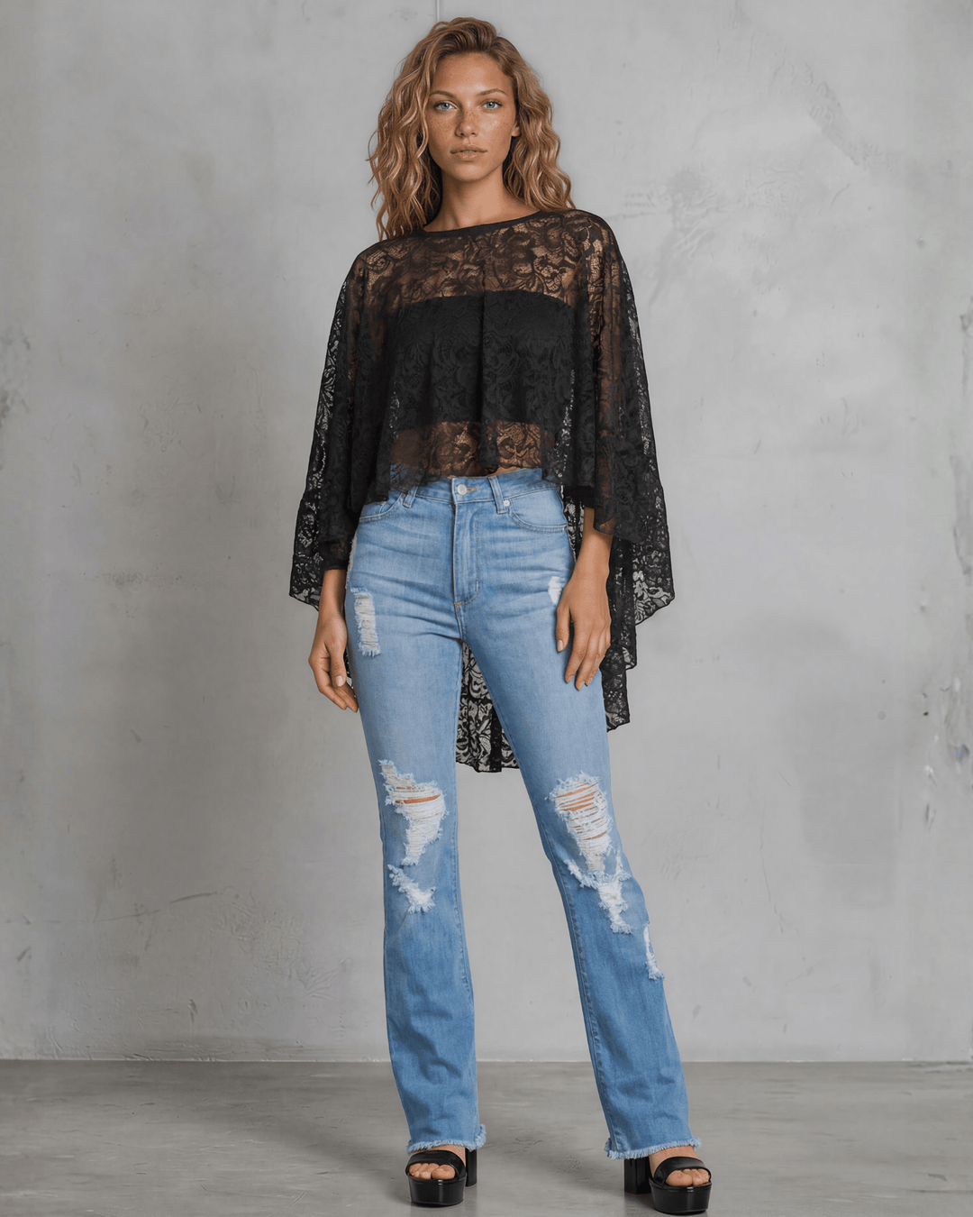 Made in USA Ruffled Poncho Style Black Lace Accent Shawl, Ruffled, One Size Fits All, 100% Nylon | If She Loves Style ISJ1407A | Classy Cozy Cool Made in USA Boutique