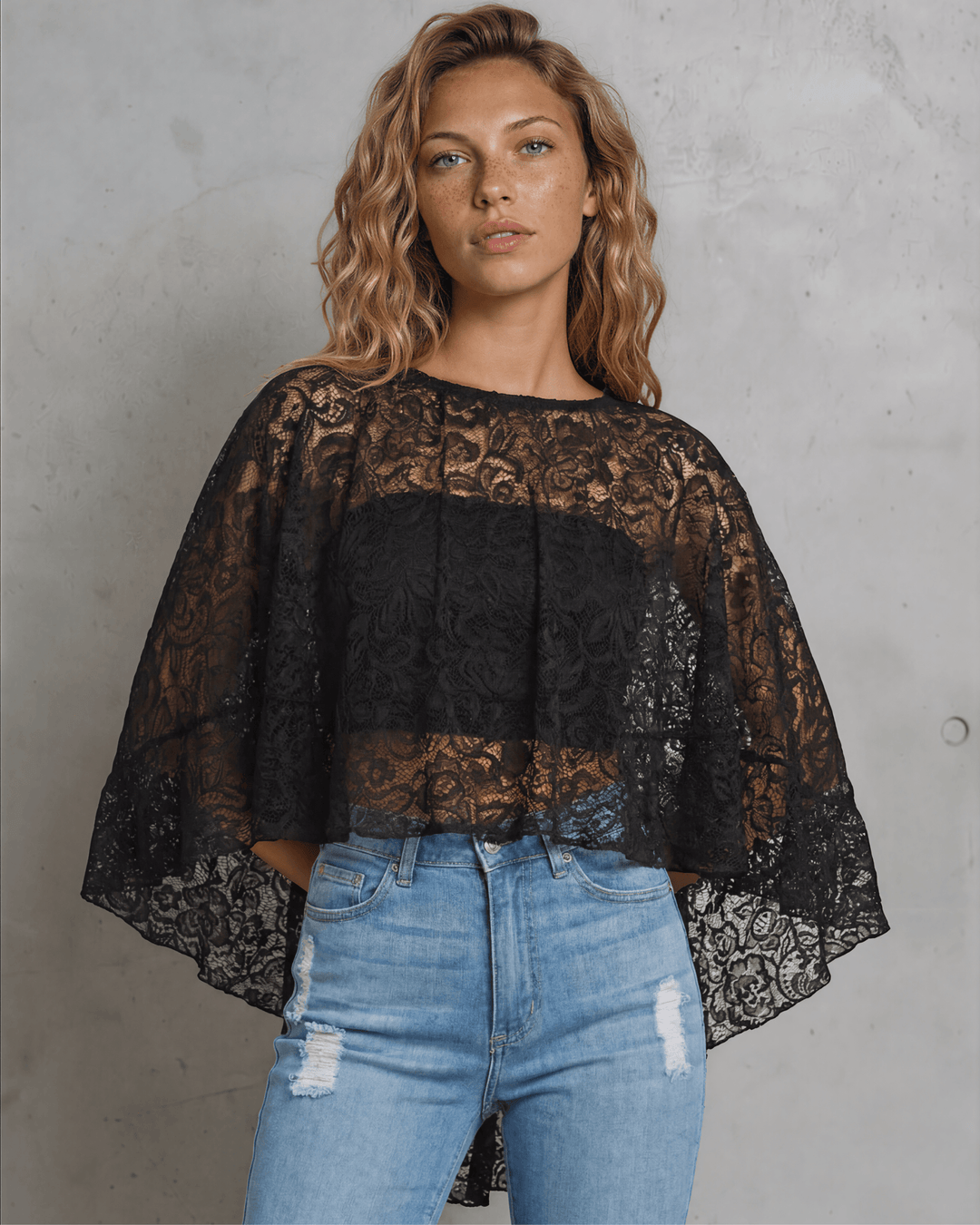 Made in USA Ruffled Poncho Style Black Lace Accent Shawl, Ruffled, One Size Fits All, 100% Nylon | If She Loves Style ISJ1407A | Classy Cozy Cool Made in USA Boutique