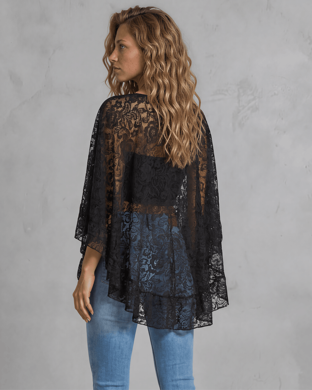 Made in USA Ruffled Poncho Style Black Lace Accent Shawl, Ruffled, One Size Fits All, 100% Nylon | If She Loves Style ISJ1407A | Classy Cozy Cool Made in USA Boutique