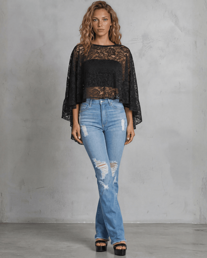 Made in USA Ruffled Poncho Style Black Lace Accent Shawl, Ruffled, One Size Fits All, 100% Nylon | If She Loves Style ISJ1407A | Classy Cozy Cool Made in USA Boutique