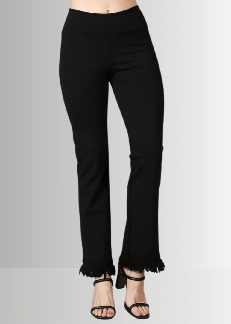 USA Made Ladies Plus Size Cropped Straight Leg Ponte Pants in Black with Crochet Fringe Hem | Style P30374 | Classy Cozy Cool Women&