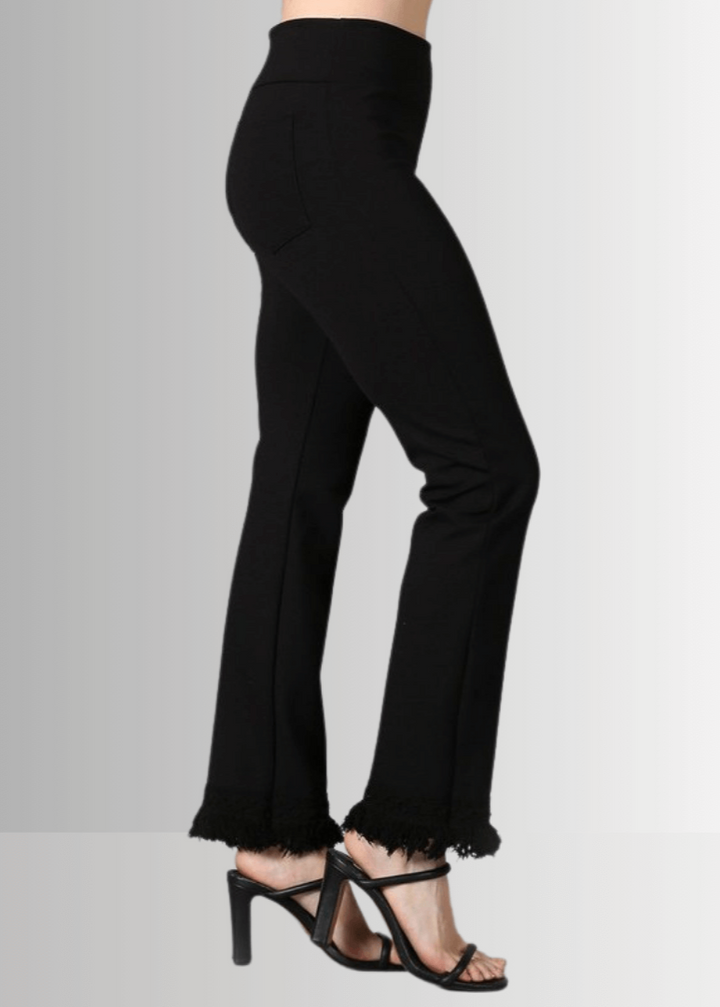 USA Made Ladies Plus Size Cropped Straight Leg Ponte Pants in Black with Crochet Fringe Hem | Style P30374 | Classy Cozy Cool Women&