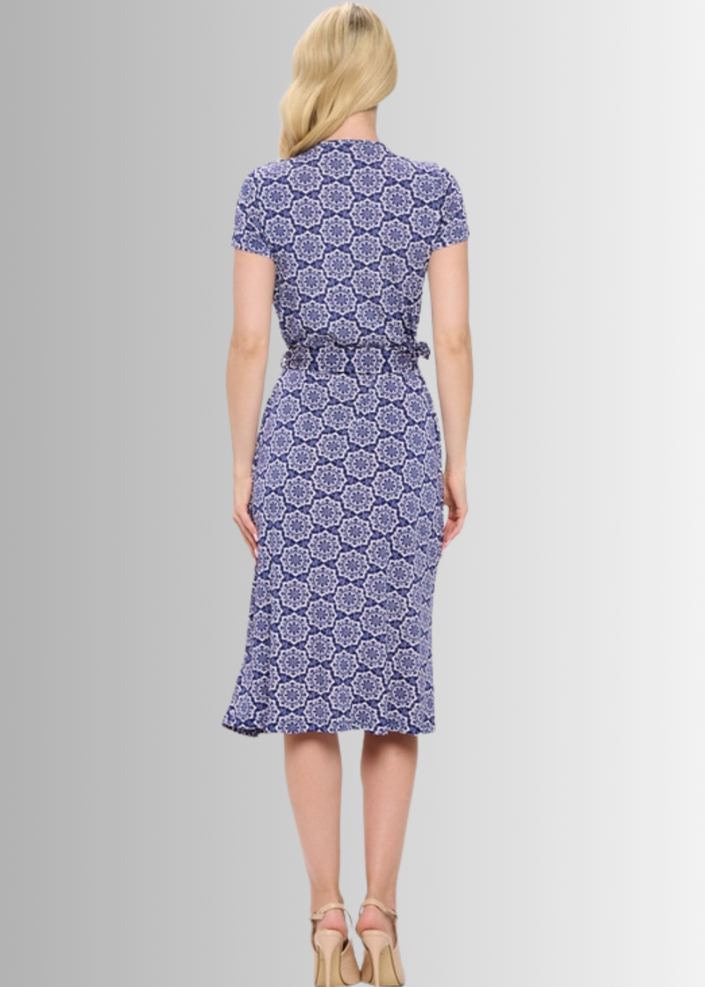 Made in USA Women's Navy Floral Print Midi Jersey True Wrap Dress | Renee C. Style# S4329DRR | Made in USA | Classy Cozy Cool Women's Made in America Clothing Boutique