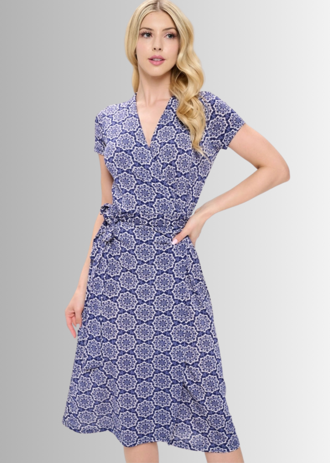 Made in USA Women's Navy Floral Print Midi Jersey True Wrap Dress | Renee C. Style# S4329DRR | Made in USA | Classy Cozy Cool Women's Made in America Clothing Boutique