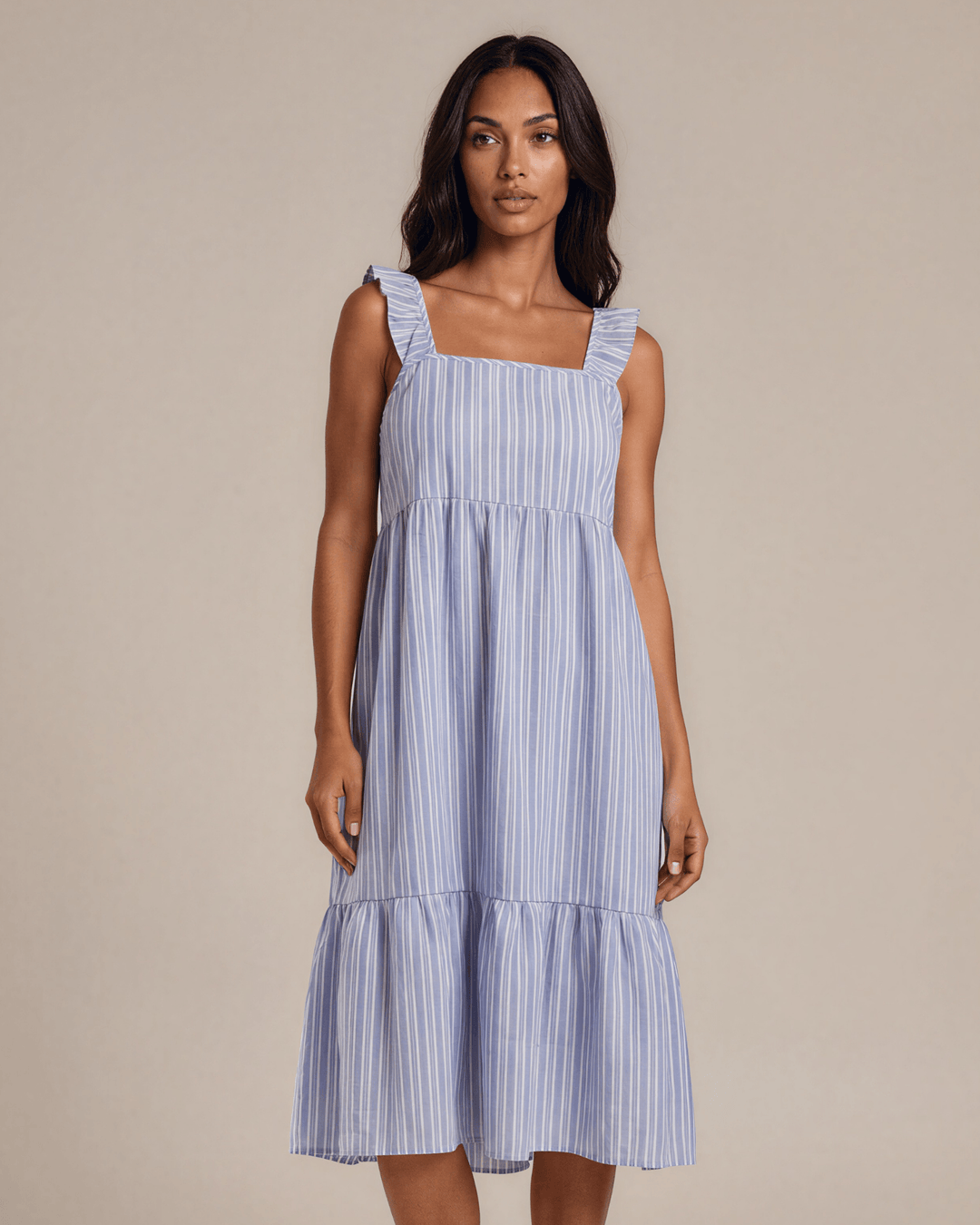 Blue & White Striped Ruffle Strap Midi Dress. Square neck, empire waist, tiered skirt, 100% rayon. S–XL. Made in USA
