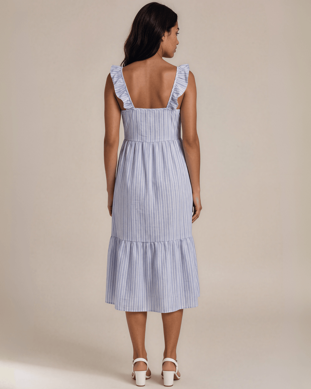 Blue &amp; White Striped Ruffle Strap Midi Dress. Square neck, empire waist, tiered skirt, 100% rayon. S–XL. Made in USA