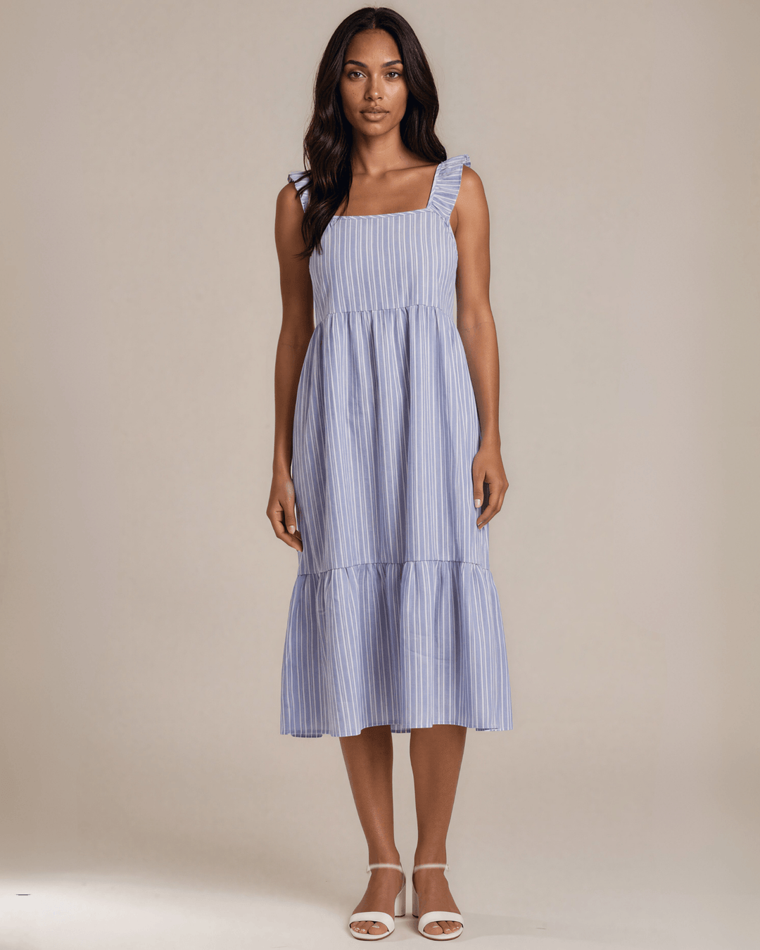 Striped Ruffle Strap Midi Dress