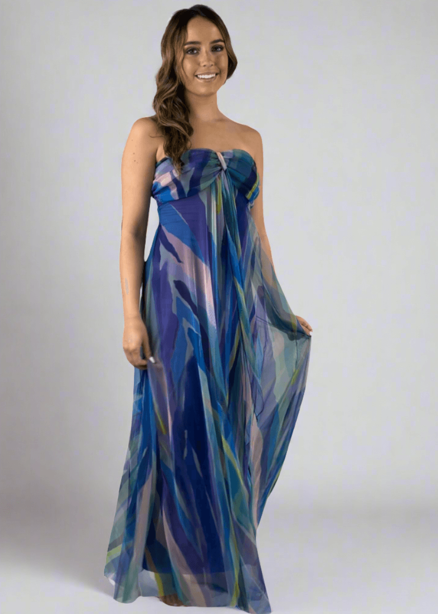 Made in USA Elana Kattan AQURELLE 817 Gorgeous Strapless Mesh Empire Waist Dress with print in watercolor shades | Perfect for Weddings, Evening Events, Prom, Formals, Resort Evening