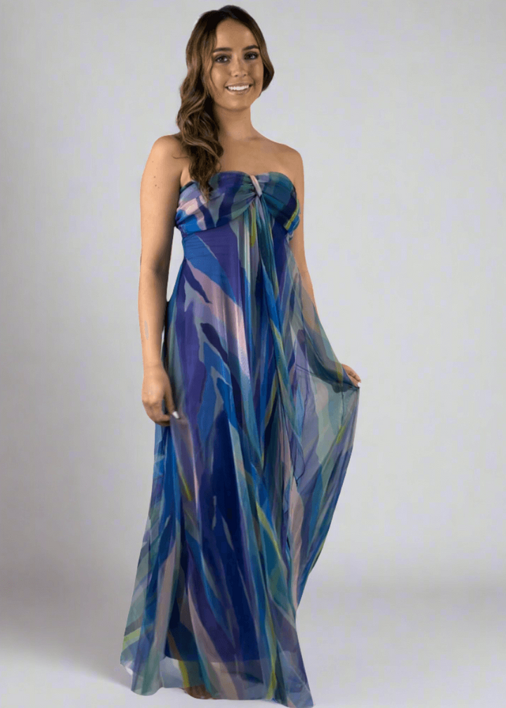 Made in USA Elana Kattan AQURELLE 817 Gorgeous Strapless Mesh Empire Waist Dress with print in watercolor shades | Perfect for Weddings, Evening Events, Prom, Formals, Resort Evening