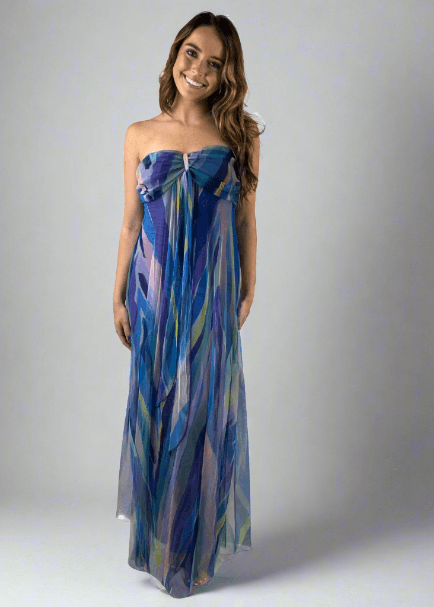 Made in USA Elana Kattan AQURELLE 817 Gorgeous Strapless Mesh Empire Waist Dress with print in watercolor shades | Perfect for Weddings, Evening Events, Prom, Formals, Resort Evening