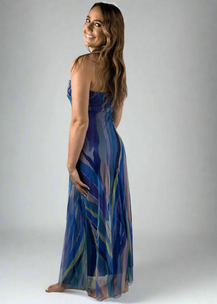 Made in USA Elana Kattan AQURELLE 817 Gorgeous Strapless Mesh Empire Waist Dress with print in watercolor shades | Perfect for Weddings, Evening Events, Prom, Formals, Resort Evening