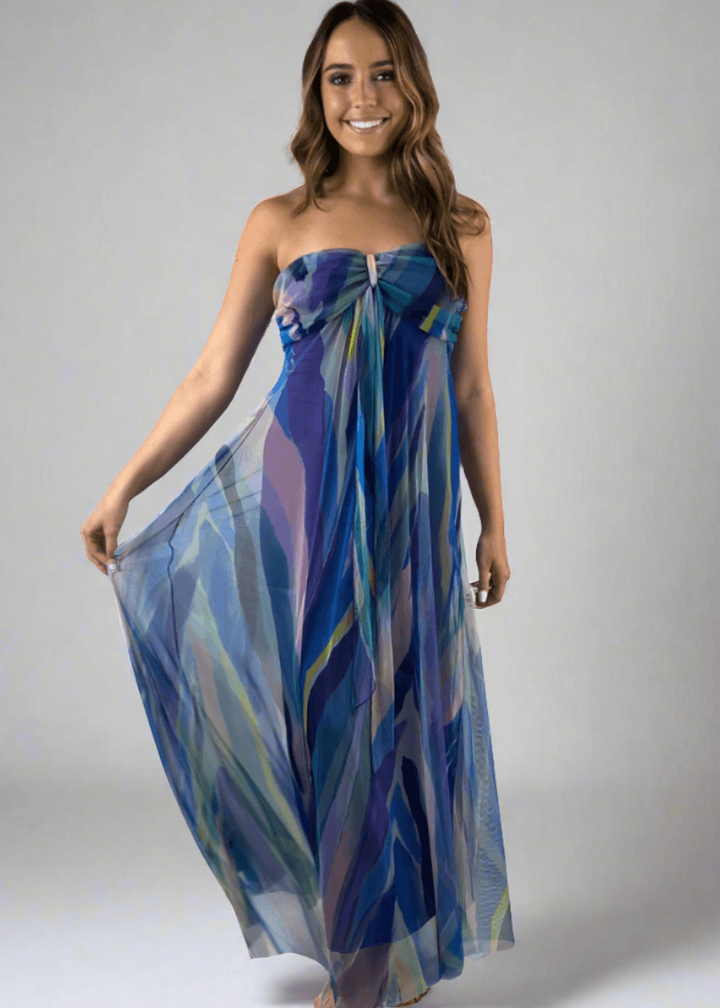 Made in USA Elana Kattan AQURELLE 817 Gorgeous Strapless Mesh Empire Waist Dress with print in watercolor shades | Perfect for Weddings, Evening Events, Prom, Formals, Resort Evening
