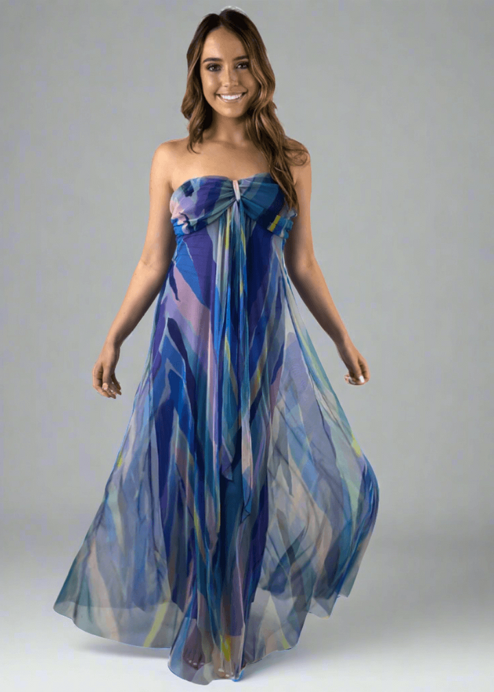 Made in USA Elana Kattan AQURELLE 817 Gorgeous Strapless Mesh Empire Waist Dress with print in watercolor shades | Perfect for Weddings, Evening Events, Prom, Formals, Resort Evening