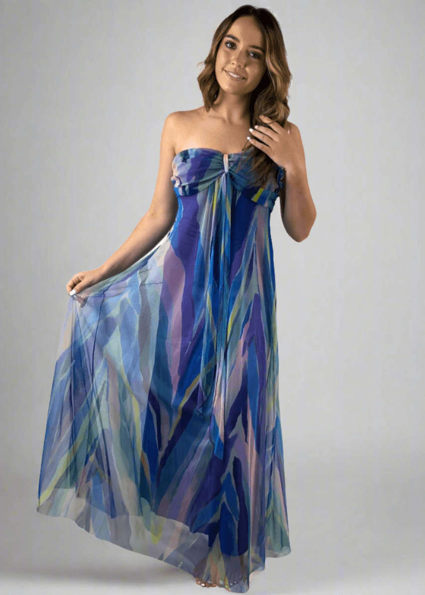 Made in USA Elana Kattan AQURELLE 817 Gorgeous Strapless Mesh Empire Waist Dress with print in watercolor shades | Perfect for Weddings, Evening Events, Prom, Formals, Resort Evening