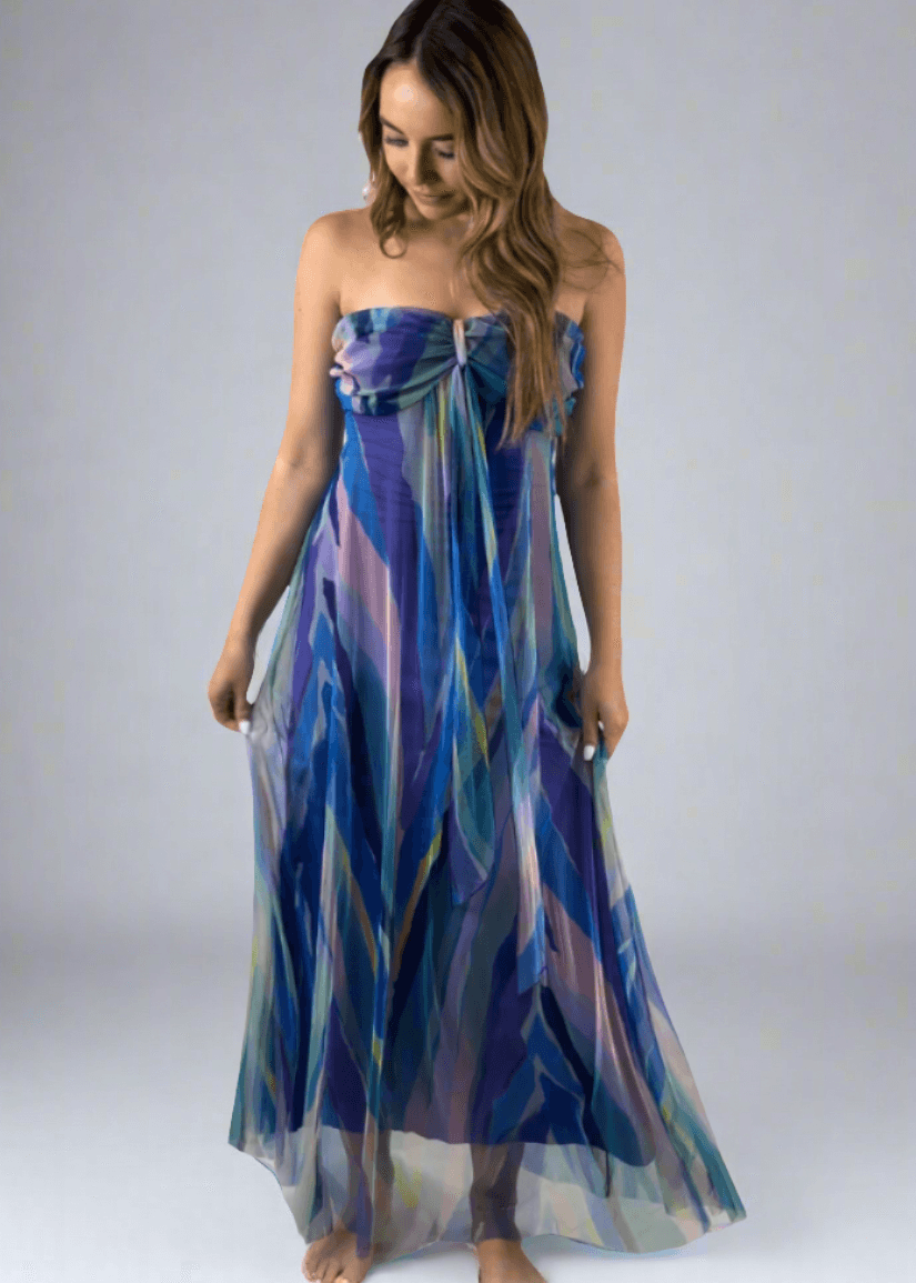 Made in USA Elana Kattan AQURELLE 817 Gorgeous Strapless Mesh Empire Waist Dress with print in watercolor shades | Perfect for Weddings, Evening Events, Prom, Formals, Resort Evening