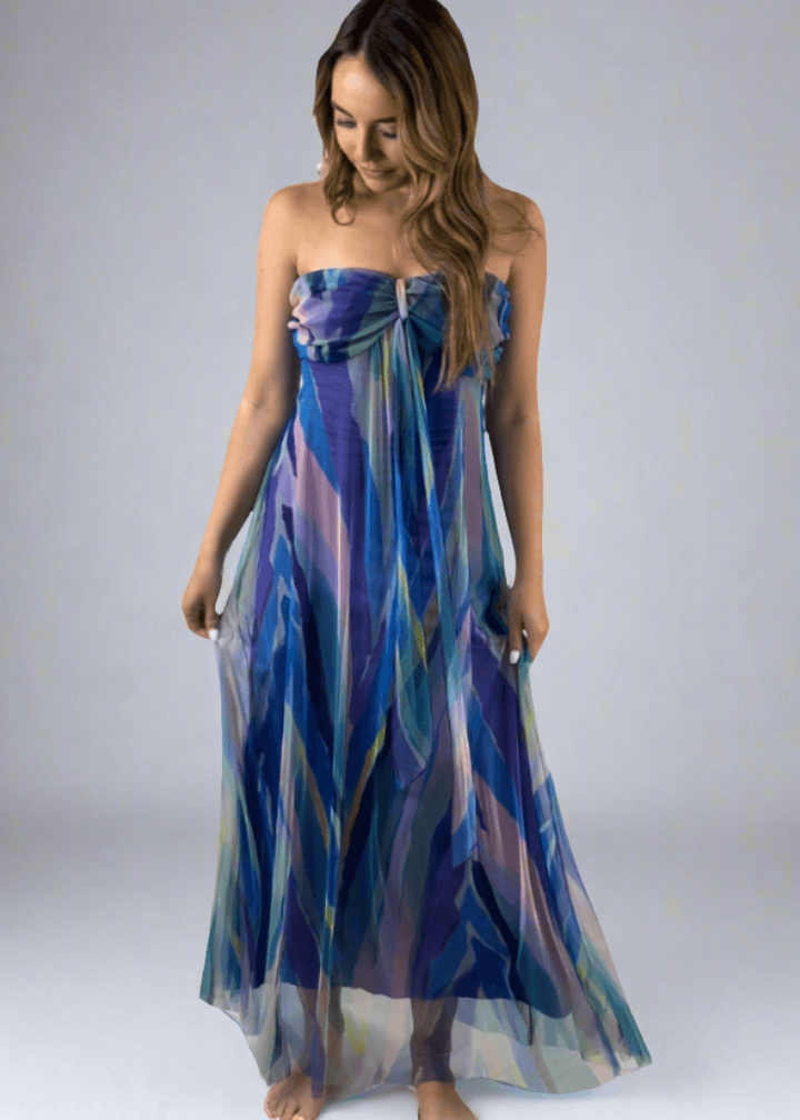 Made in USA Elana Kattan AQURELLE 817 Gorgeous Strapless Mesh Empire Waist Dress with print in watercolor shades | Perfect for Weddings, Evening Events, Prom, Formals, Resort Evening