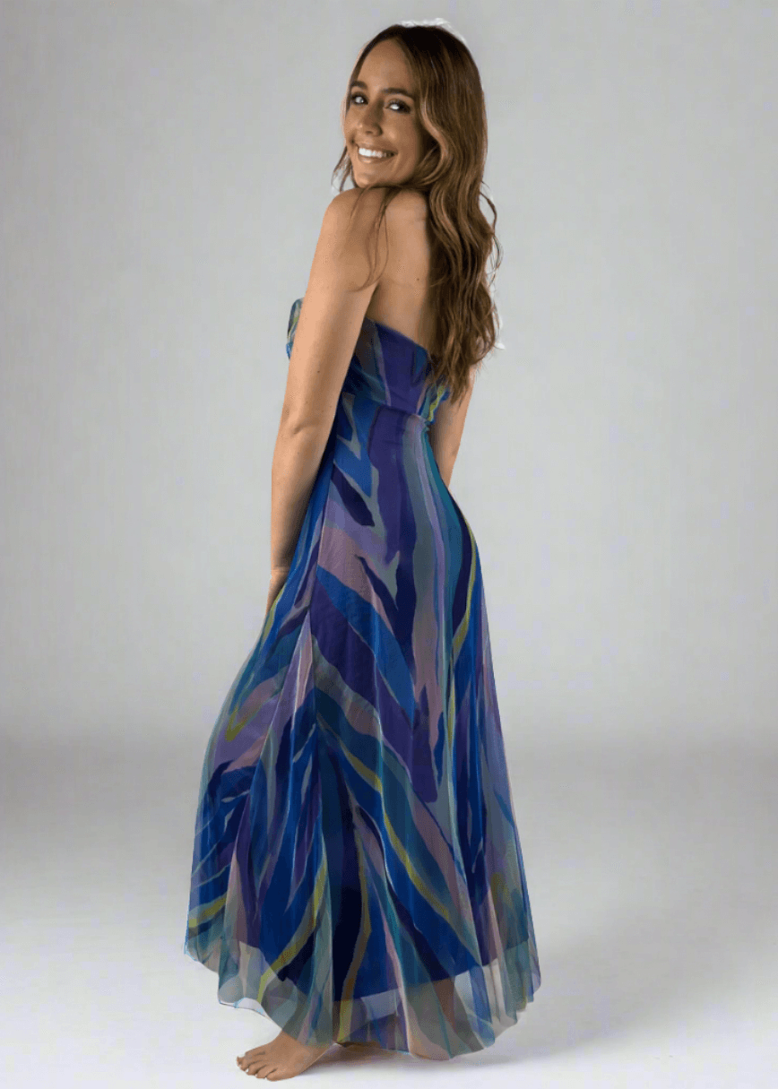 Made in USA Elana Kattan AQURELLE 817 Gorgeous Strapless Mesh Empire Waist Dress with print in watercolor shades | Perfect for Weddings, Evening Events, Prom, Formals, Resort Evening