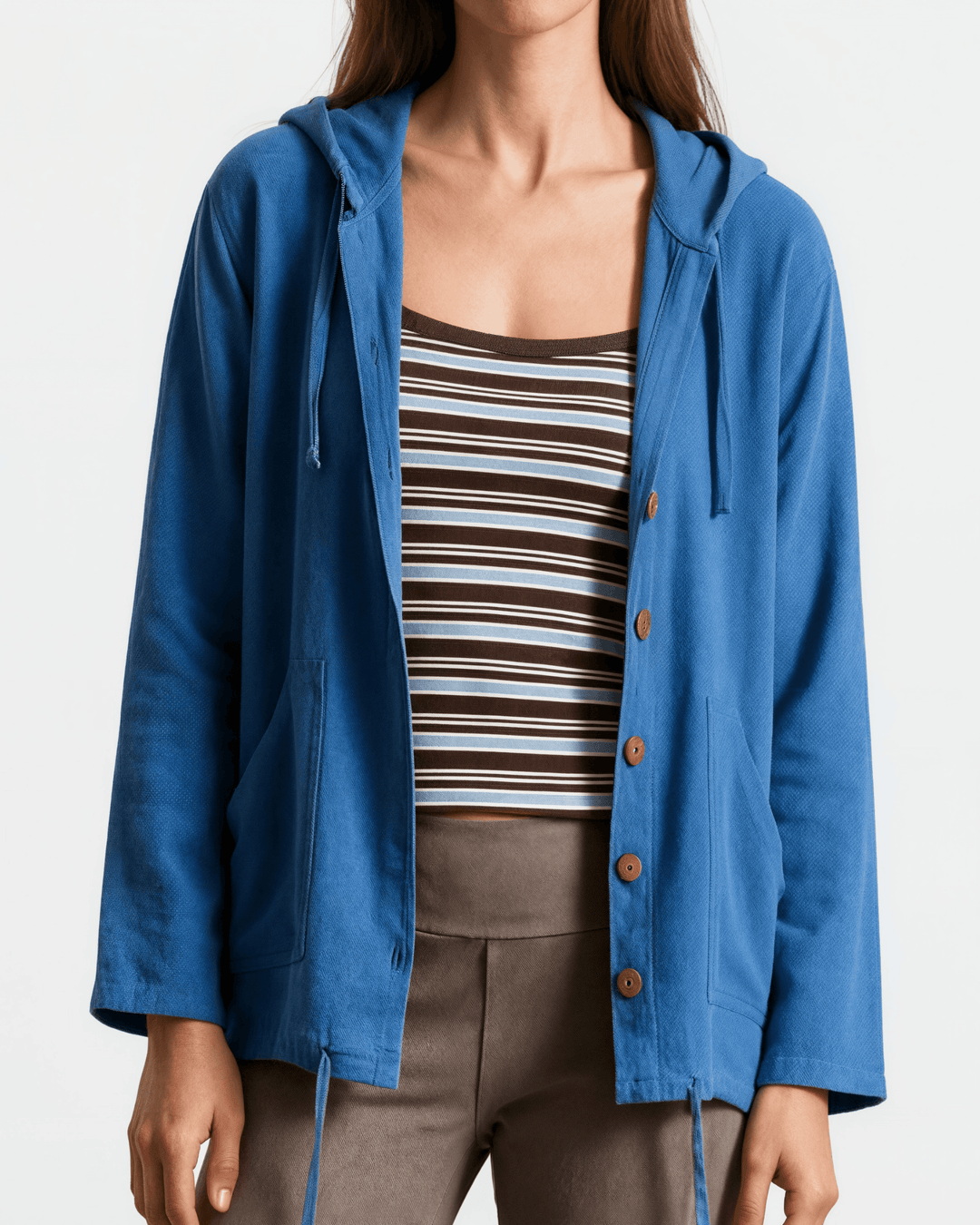 Made in USA Women's 100% Cotton Lightweight Button Down Beach Hoodie with Pockets in Blue | Classy Cozy Cool Women's Made in America Boutique
