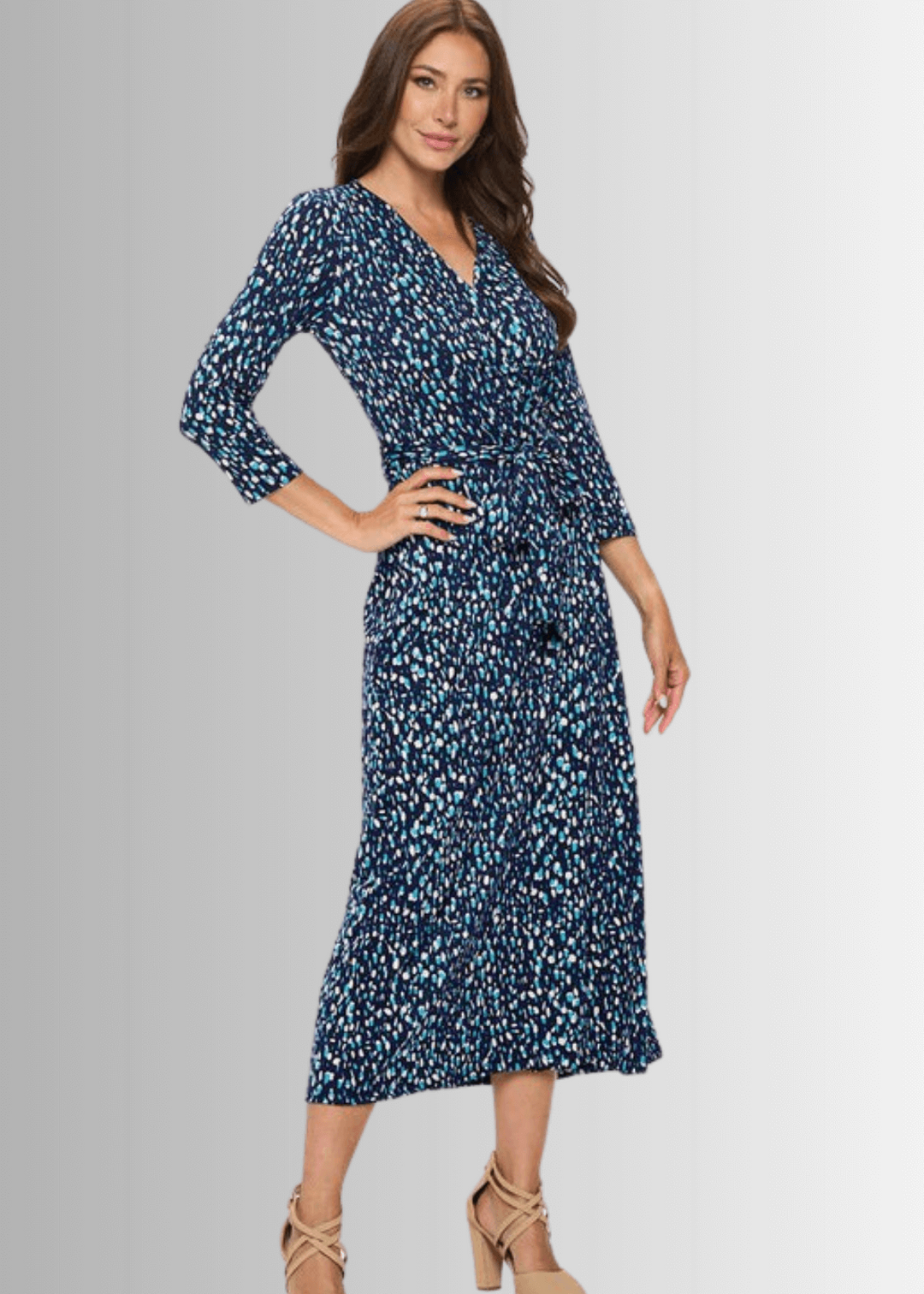 Women's Printed Wrap Style Brushed Knit Maxi Dress with 3/4 Sleeves in Navy, Light Blue & White | Renee C. Style L4329DRB | Made in USA | Classy Cozy Cool Made in America Clothing Boutique