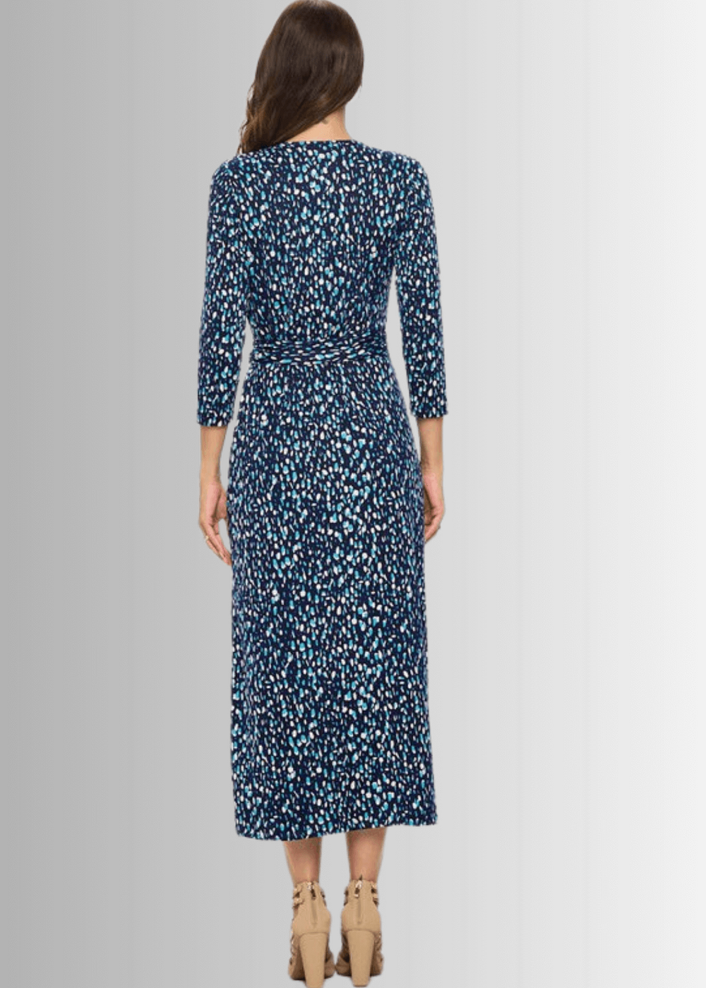 Women's Printed Wrap Style Brushed Knit Maxi Dress with 3/4 Sleeves in Navy, Light Blue & White | Renee C. Style L4329DRB | Made in USA | Classy Cozy Cool Made in America Clothing Boutique