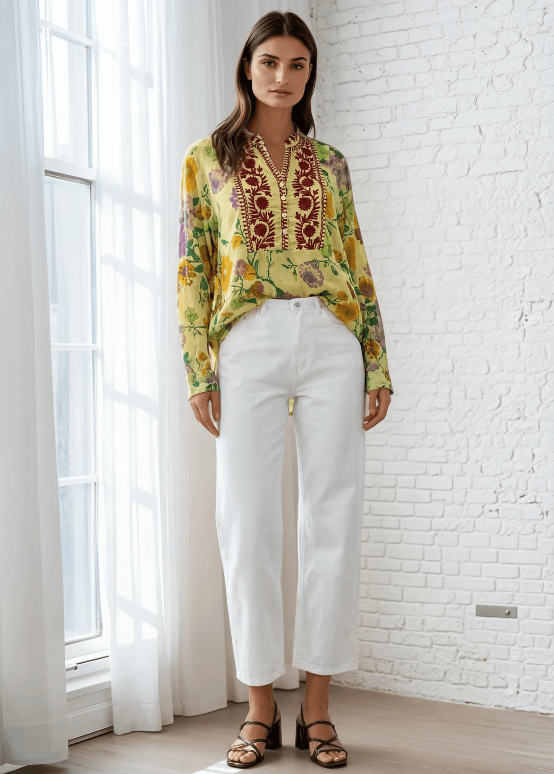 Bask in the beauty of effortless bohemian charm with the Carla Top. Crafted from soft, breathable cotton voile, this piece features a vibrant floral print in sun-kissed tones of golden marigold, lilac, and fresh green. The hand-embroidered deep red bib adds an artisanal touch, making each blouse unique. Designed with a relaxed silhouette and a flattering V-neckline, it&