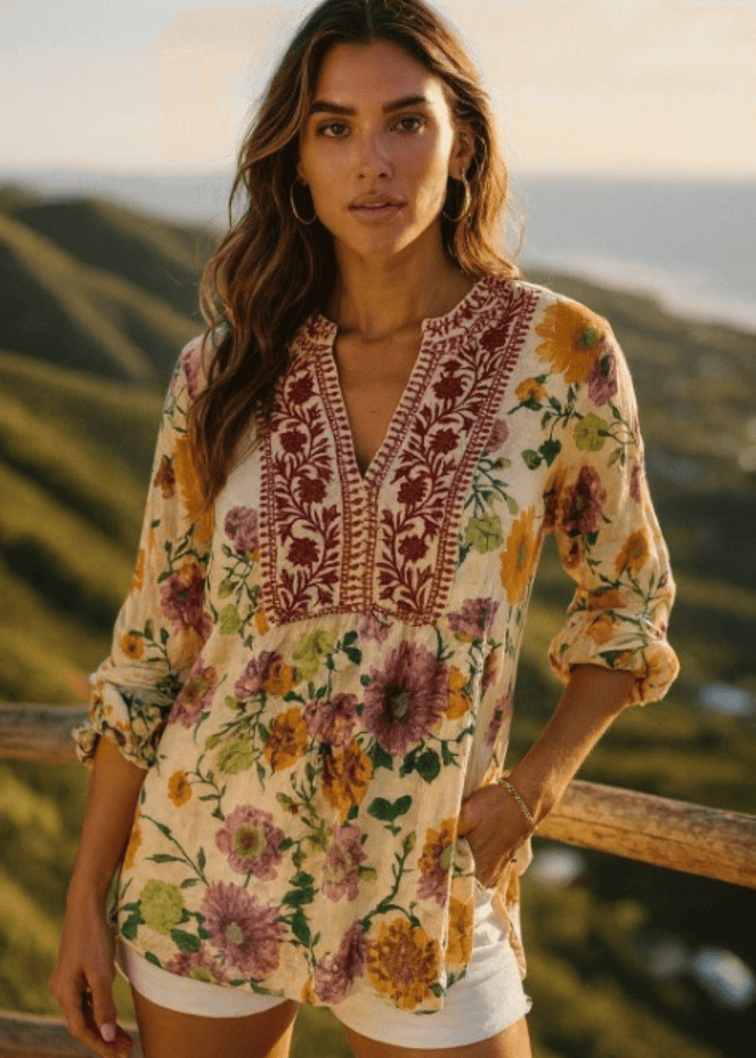 Bask in the beauty of effortless bohemian charm with the Carla Top. Crafted from soft, breathable cotton voile, this piece features a vibrant floral print in sun-kissed tones of golden marigold, lilac, and fresh green. The hand-embroidered deep red bib adds an artisanal touch, making each blouse unique. Designed with a relaxed silhouette and a flattering V-neckline, it&