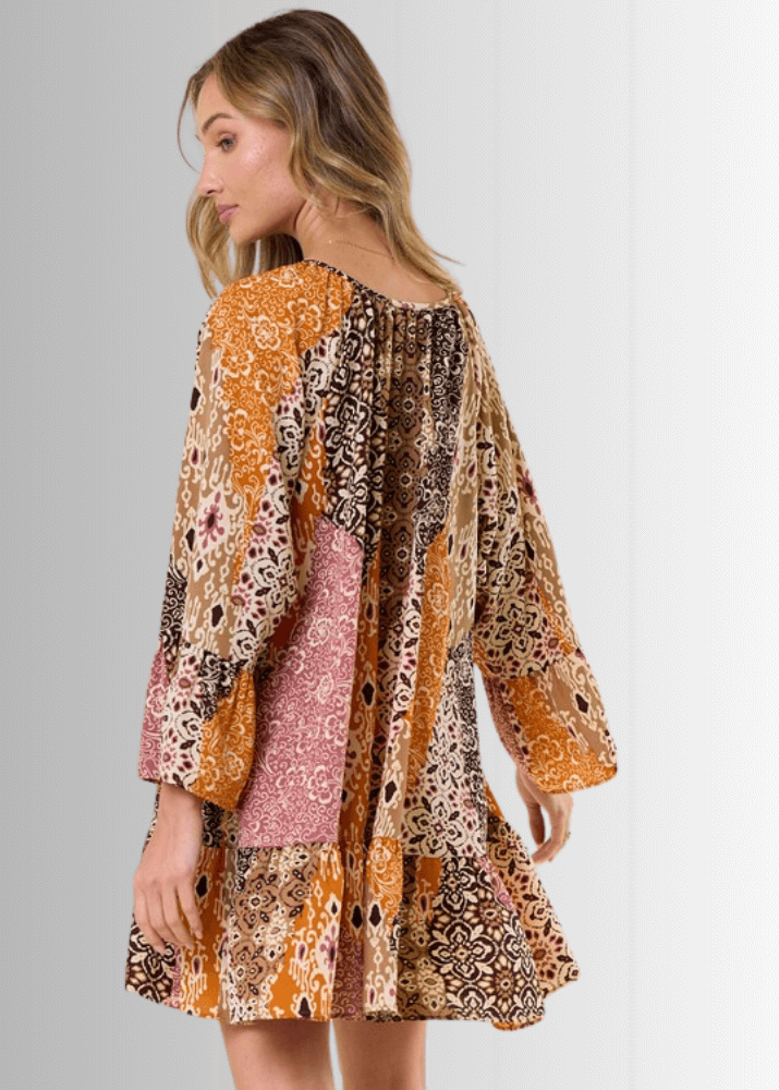 Made in USA Women's Lightweight Boho Pattern Ruffled A-Line Dress | Classy Cozy Cool Made in America Boutique