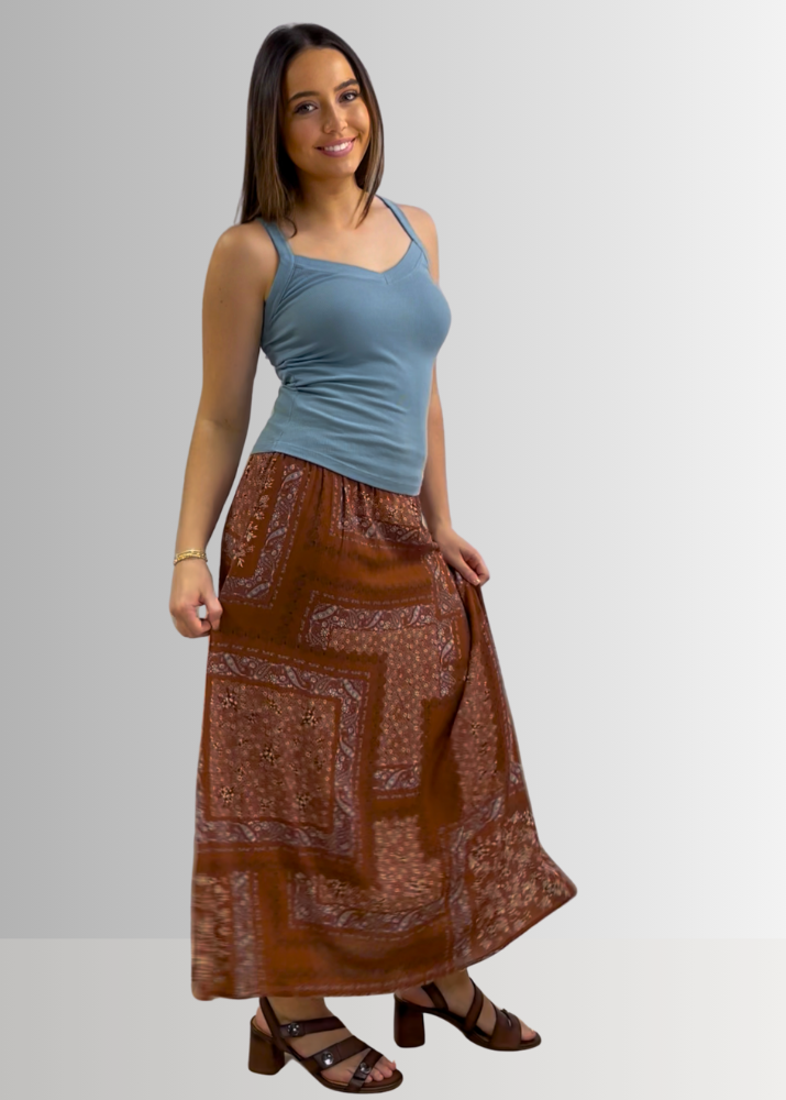 Made in USA Charming Boho Paisley Patch Print Maxi Skirt in Rust Brown, 100% Rayon Machine Wash, Tumble Dry | Renee C Style 4234SK | Classy Cozy Cool Made in America Boutique