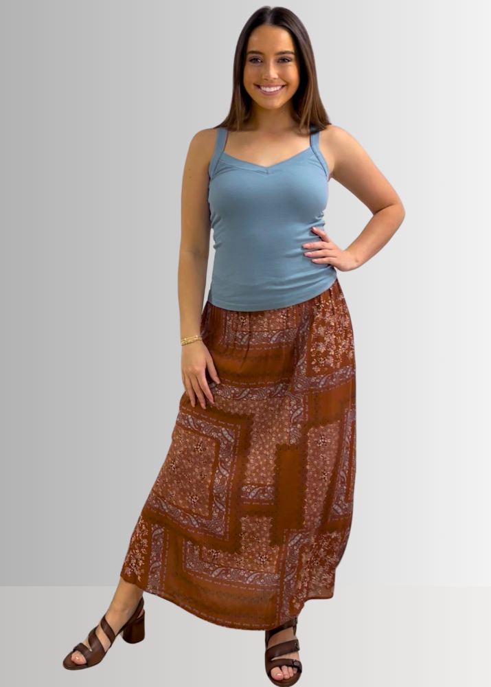 Made in USA Charming Boho Paisley Patch Print Maxi Skirt in Rust Brown, 100% Rayon Machine Wash, Tumble Dry | Renee C Style 4234SK | Classy Cozy Cool Made in America Boutique
