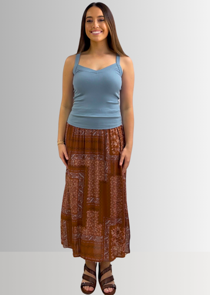 Made in USA Charming Boho Paisley Patch Print Maxi Skirt in Rust Brown, 100% Rayon Machine Wash, Tumble Dry | Renee C Style 4234SK | Classy Cozy Cool Made in America Boutique