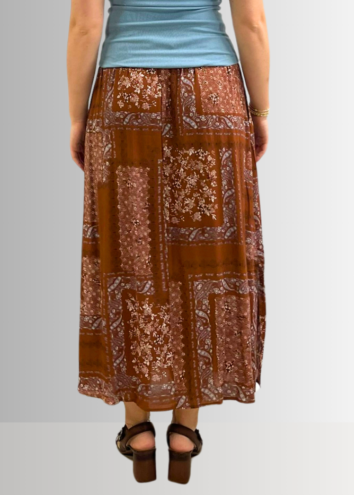 Made in USA Charming Boho Paisley Patch Print Maxi Skirt in Rust Brown, 100% Rayon Machine Wash, Tumble Dry | Renee C Style 4234SK | Classy Cozy Cool Made in America Boutique