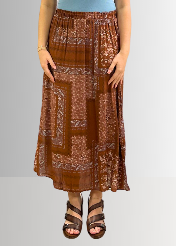Made in USA Charming Boho Paisley Patch Print Maxi Skirt in Rust Brown, 100% Rayon Machine Wash, Tumble Dry | Renee C Style 4234SK | Classy Cozy Cool Made in America Boutique