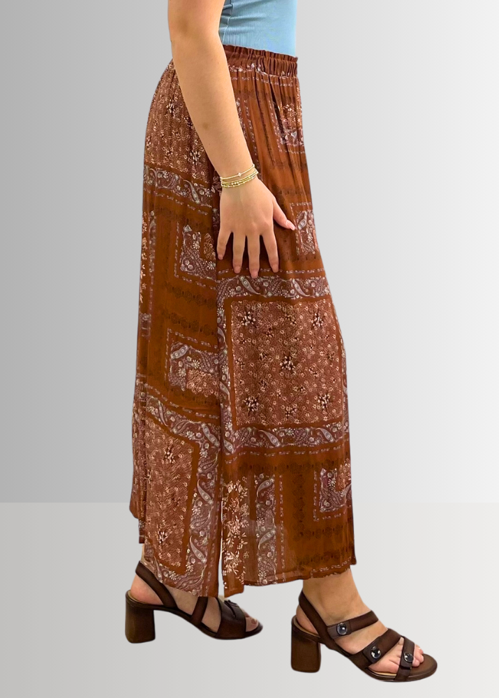 Made in USA Charming Boho Paisley Patch Print Maxi Skirt in Rust Brown, 100% Rayon Machine Wash, Tumble Dry | Renee C Style 4234SK | Classy Cozy Cool Made in America Boutique