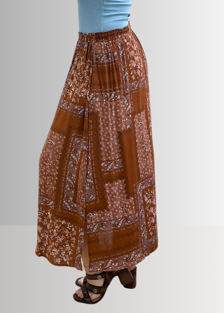 Made in USA Charming Boho Paisley Patch Print Maxi Skirt in Rust Brown, 100% Rayon Machine Wash, Tumble Dry | Renee C Style 4234SK | Classy Cozy Cool Made in America Boutique