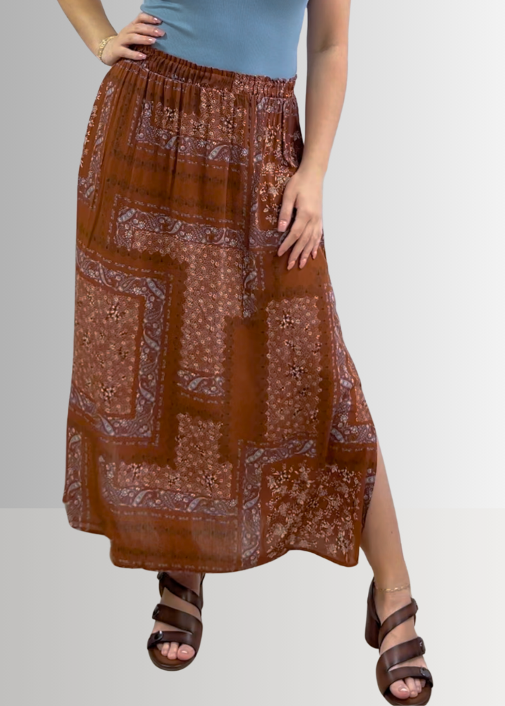 Made in USA Charming Boho Paisley Patch Print Maxi Skirt in Rust Brown, 100% Rayon Machine Wash, Tumble Dry | Renee C Style 4234SK | Classy Cozy Cool Made in America Boutique
