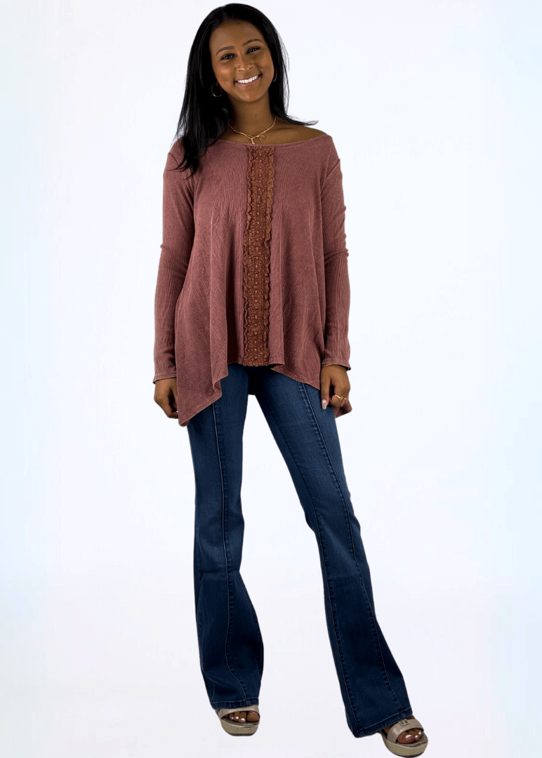 Made in USA Women's Mineral Washed Thermal Sweater Top with Lace Trim Detail on Front in Rosewood Pink Color | Fabric Made in USA | Classy Cozy Cool Made in America Boutique