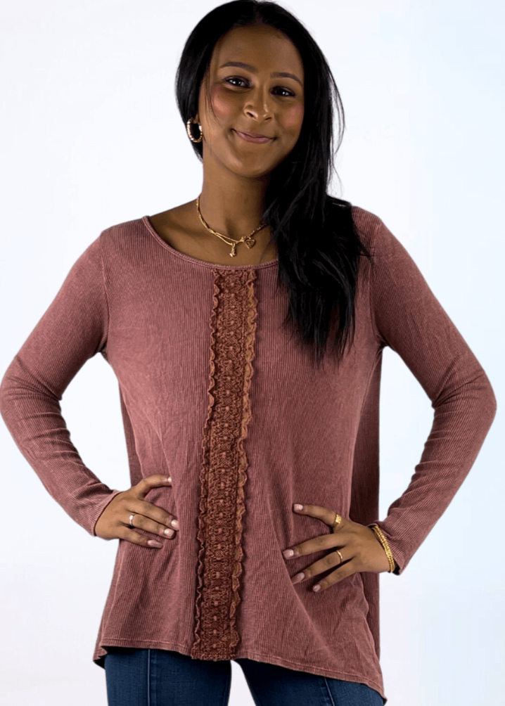 Made in USA Women's Mineral Washed Thermal Sweater Top with Lace Trim Detail on Front in Rosewood Pink Color | Fabric Made in USA | Classy Cozy Cool Made in America Boutique