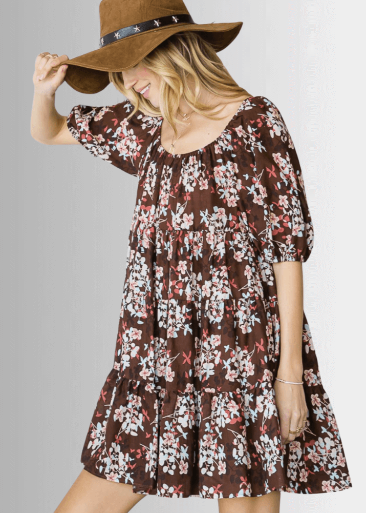 Made in USA Women's Brown Floral Baby Doll Mini Dress, Short Sleeves, Flounce Ruffle Hem, Can be worn off the shoulder | Bucket List Style D3059B