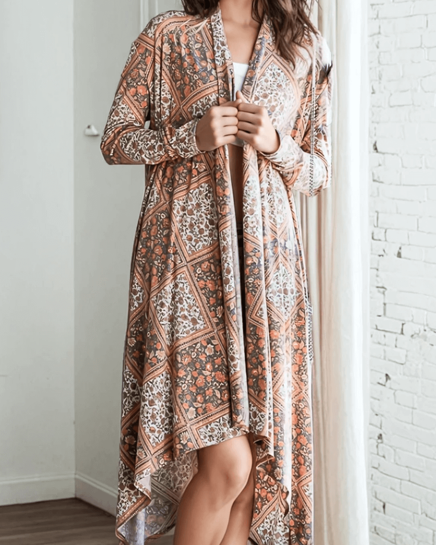 Made in USA Women's Lightweight Bohemian Open Front Cardigan with Side Pockets in Multi Olive or Pumpkin | Bucket List Style T1537