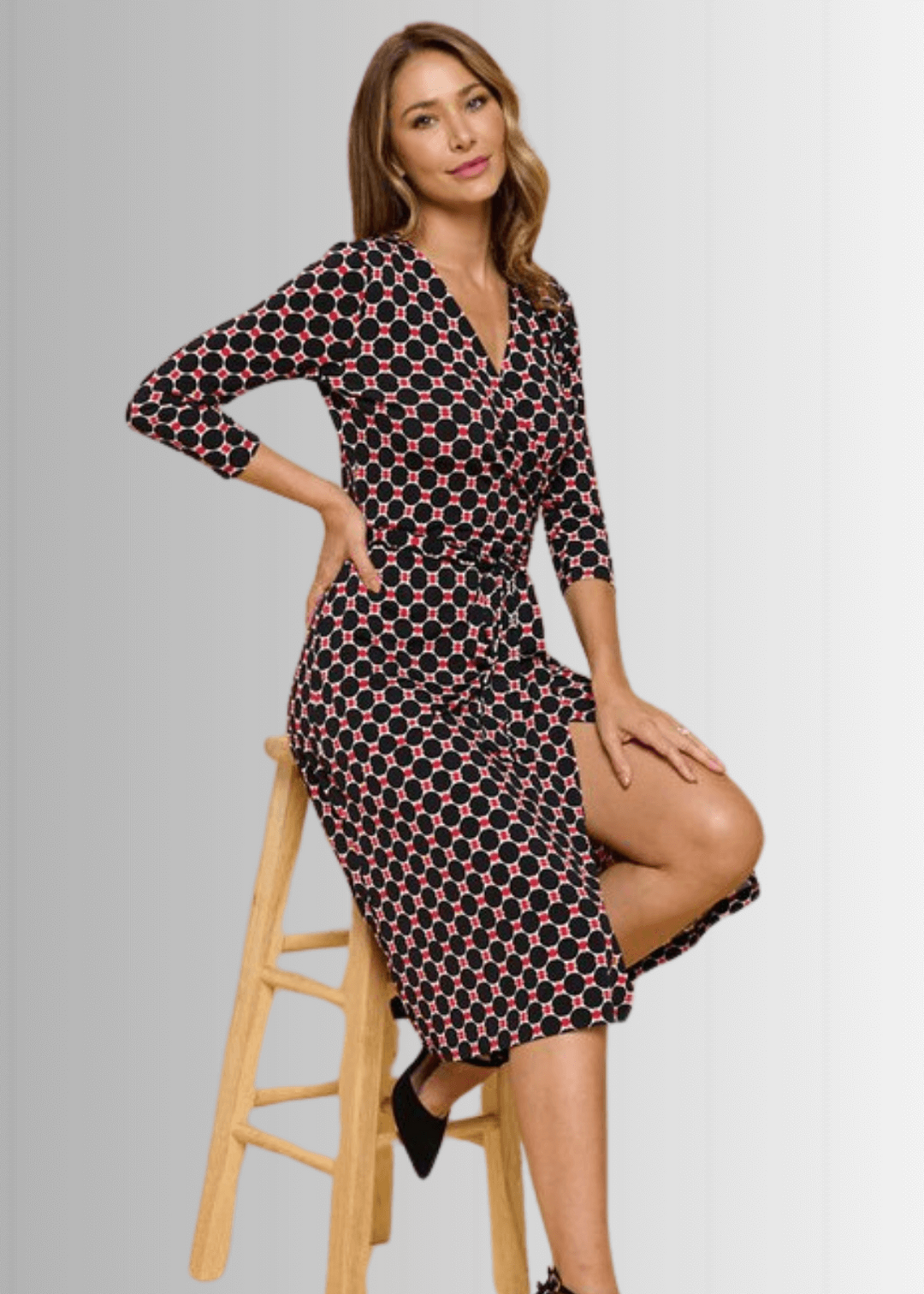 Beautiful Ladies Black &amp; Red Geometrical Design Printed Wrap Midi Dress with 3/4 Sleeves | Renee C. Style 4329DRC | Proudly Made in USA | Classy Cozy Cool Clothing Boutique