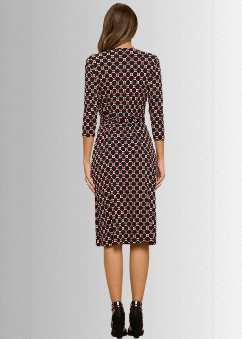 Beautiful Ladies Black & Red Geometrical Design Printed Wrap Midi Dress with 3/4 Sleeves | Renee C. Style 4329DRC | Proudly Made in USA | Classy Cozy Cool Clothing Boutique